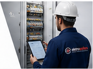 Profissional da Eletroesfera analisando um painel elétrico